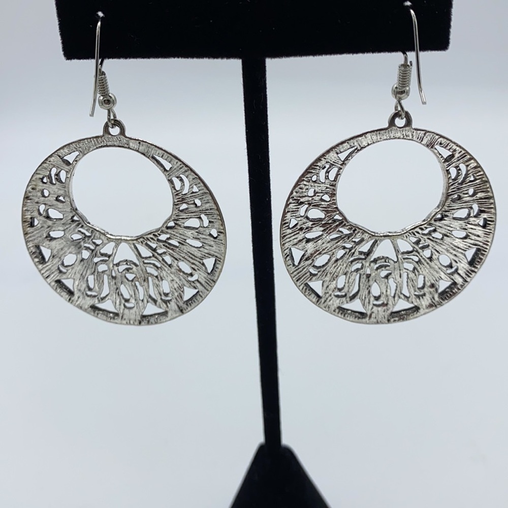 Silver Color Large Round Earrings + Pink Stones Pierced - Picture 3 of 3